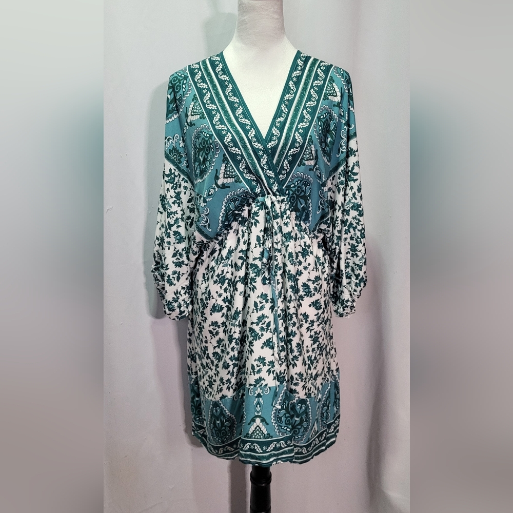 Cupshe NWT Green Floral Paisley Print Puff Sleeve Mini Beach Dress Size Large